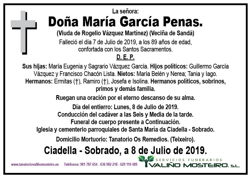 Esquela de María García Penas.